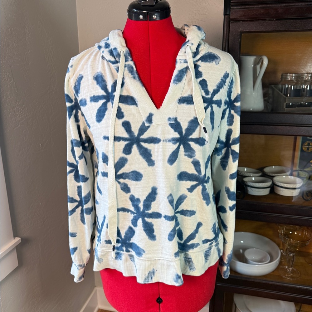 LOFT Blue White Tie Dye Floral Hoodie Sweatshirt 100% Cotton Women’s Size S